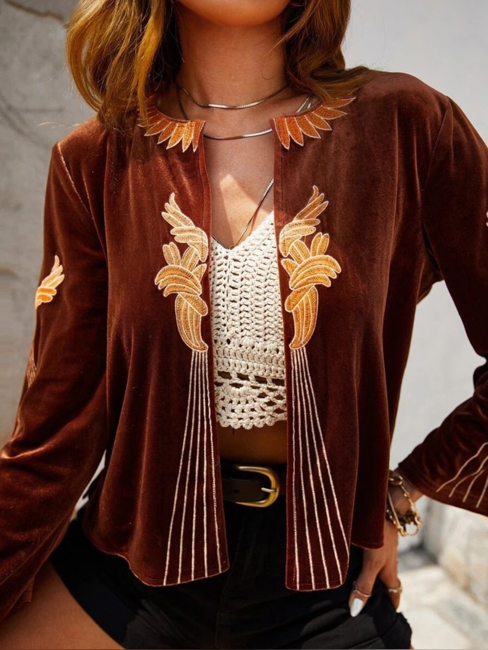 Rusttydustty Rust  Velvet Embroidery Open Jacket Size M
Paisley - Boho For Fall